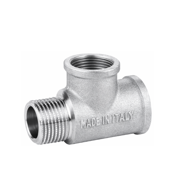 Raccordo per Idraulica Tee Maschio Femmina Femmina in Ottone Cromato Sabbiato- Serie Pesante