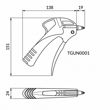 Dessin technique de la soufflette à buse courte de 19 mm : corps 138 × 151 mm, largeur 24 mm