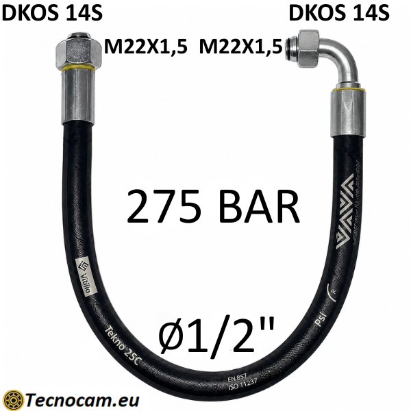 Tubo Oleodinamico Alta Pressione 1/2" 275 bar tenuta cono 60°, raccordo A) fil. MET. 14S (M22x1,5) FEM. - raccordo B) fil. MET. 14S (M22x1,5) FEM. 90°