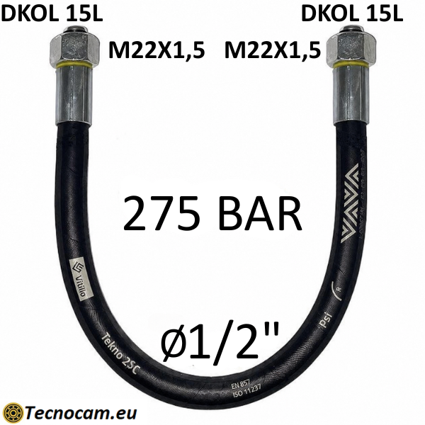 Tubo Oleodinamico Alta Pressione 1/2" 275 bar tenuta cono 60°, raccordo A) fil. MET. 15L (M22x1,5) FEM. - raccordo B) fil. MET. 15L (M22x1,5) FEM.
