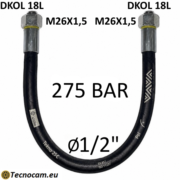 Tubo Oleodinamico Alta Pressione 1/2" 275 bar tenuta cono 60°, raccordo A) fil. MET. 18L (M26x1,5) FEM. - raccordo B) fil. MET. 18L (M26x1,5) FEM.