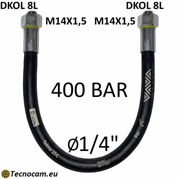 Tubo Oleodinamico Alta Pressione 1/4" 400 bar tenuta cono 24°, raccordo A) fil. MET. 8L (M14x1,5) FEM. - raccordo B) fil. MET. 8L (M14x1,5) FEM.