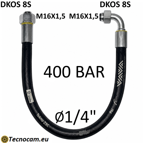 Tubo Oleodinamico Alta Pressione 1/4" 400 bar tenuta cono 24°, raccordo A) fil. MET. 8S (M16x1,5) FEM. - raccordo B) fil. MET. 8S (M16x1,5) FEM. 90°