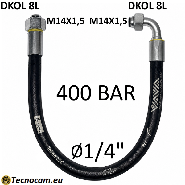 Tubo Oleodinamico Alta Pressione 1/4" 400 bar tenuta cono 24°, raccordo A) fil. MET. 8L (M14x1,5) FEM. - raccordo B) fil. MET. 8L (M14x1,5) FEM.90°