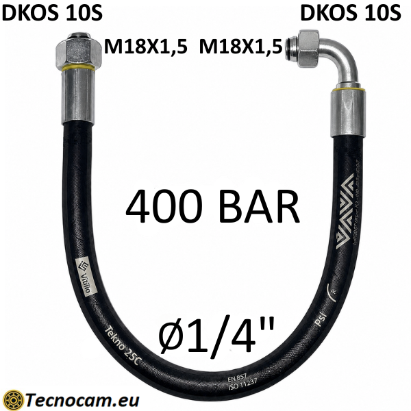 Tubo Oleodinamico Alta Pressione 1/4" 400 bar tenuta cono 24°, raccordo A) fil. MET. 10S (M18x1,5) FEM. - raccordo B) fil. MET. 10S (M18x1,5) FEM. 90°