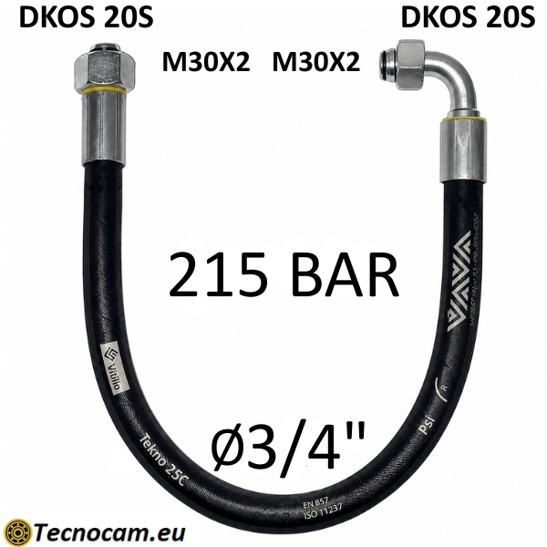 Tubo Oleodinamico Alta Pressione 3/4" 215 bar tenuta cono 24°, raccordo A) fil. MET. 20S (M30x2) FEM. - raccordo B) fil. MET. 20S (M30x2) FEM. 90°