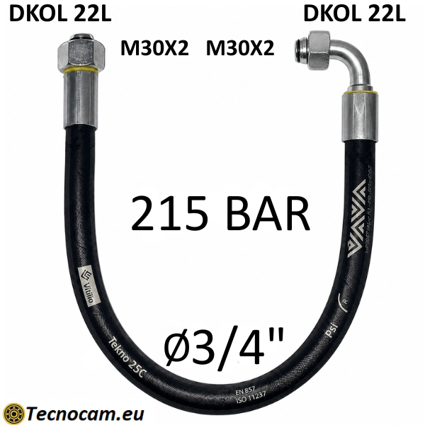 Tubo Oleodinamico Alta Pressione 3/4" 215 bar tenuta cono 24°, raccordo A) fil. MET. 22L (M30x2) FEM. - raccordo B) fil. MET. 22L (M30x2) FEM. 90°