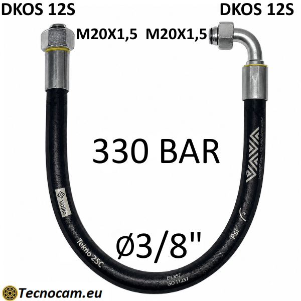 Tubo Oleodinamico Alta Pressione 3/8" 330 bar tenuta DIN 24°, raccordo A) fil. MET. 12S (M20x1,5) FEM. - raccordo B) fil. MET. 12S (M20x1,5) FEM. 90°