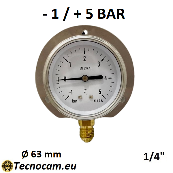 Vuotometro a SECCO Scala da -1 Bar a +5 Bar, con FLANGIA e Attacco Radiale Maschio Gas 1/4" serie VUOTRFSG