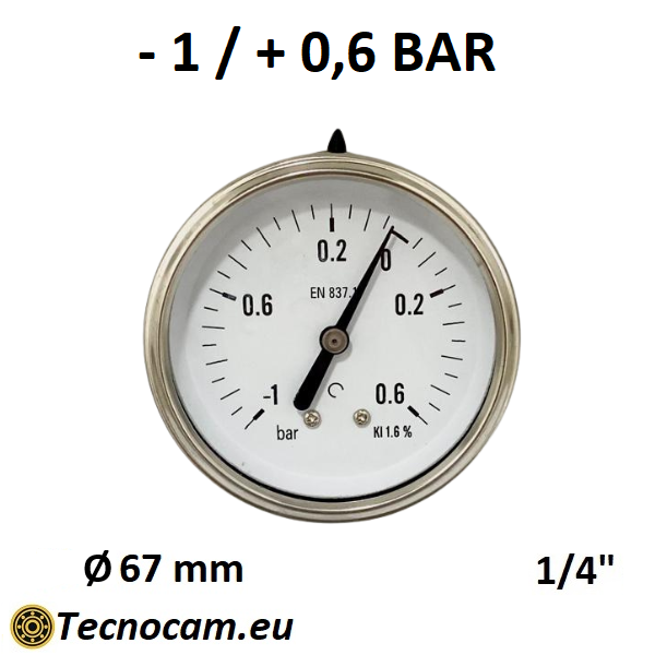 Vuotometro a SECCO Scala da -1 Bar a +0,6 Bar, Attacco Posteriore Maschio Gas 1/4" serie VUOTPSG