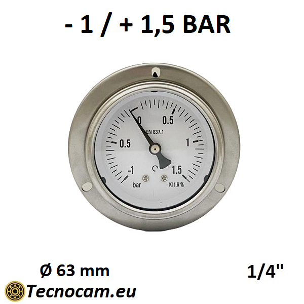 Vuotometro a SECCO Scala da -1 Bar a +1,5 Bar, con FLANGIA e Attacco Posteriore Maschio Gas 1/4" serie VUOTPFSG