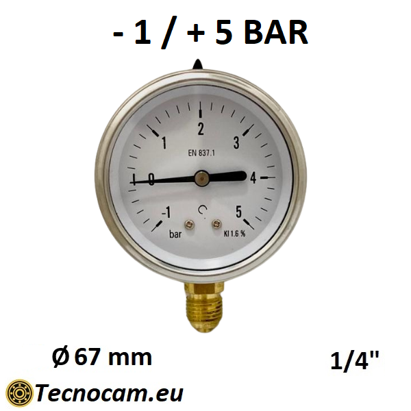 Vuotometro a SECCO Scala da -1 Bar a +5 Bar, Attacco Radiale Maschio Gas 1/4" serie VUOTRSG
