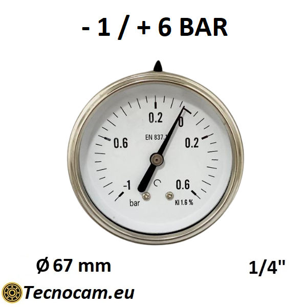 Vuotometro con GLICERINA Scala da -1 Bar a +0,6 Bar, Attacco Posteriore Maschio Gas 1/4" serie VUOTPCG