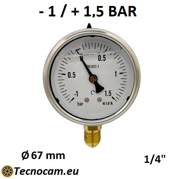 Vuotometro con GLICERINA Scala da -1 Bar a +1,5 Bar, Attacco Radiale Maschio Gas 1/4" serie VUOTRCG