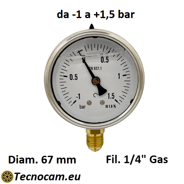 Vuotometro con GLICERINA Scala da -1 Bar a +1,5 Bar, Attacco Radiale Maschio Gas 1/4" serie VUOTRCG
