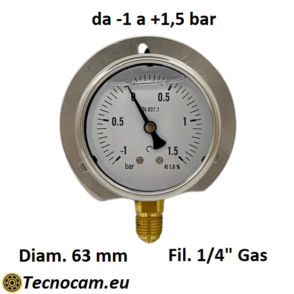 Vuotometro con GLICERINA Scala da -1 Bar a +1,5 Bar, con FLANGIA e Attacco Radiale Maschio Gas 1/4" serie VUOTRFCG