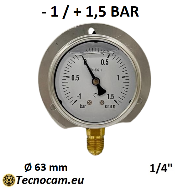 Vuotometro con GLICERINA Scala da -1 Bar a +1,5 Bar, con FLANGIA e Attacco Radiale Maschio Gas 1/4" serie VUOTRFCG