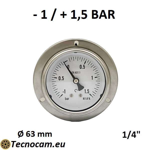 Manomètre à vide avec échelle à glycérine de -1 bar à +1,5 bar, avec bride et raccord arrière mâle pour gaz 1/4", série VUOTPFCG