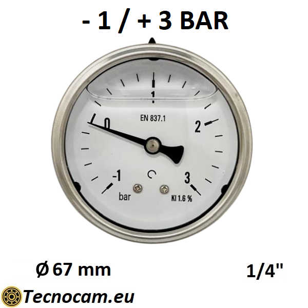 Vuotometro con GLICERINA Scala da -1 Bar a +3 Bar, Attacco Posteriore Maschio Gas 1/4" serie VUOTPCG