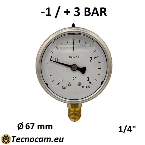 Vuotometro con GLICERINA Scala da -1 Bar a +3 Bar, Attacco Radiale Maschio Gas 1/4" serie VUOTRCG