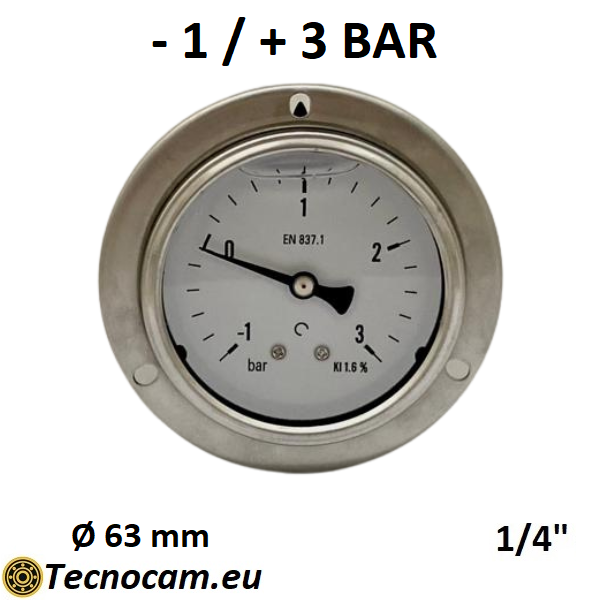 Manomètre à vide avec échelle à glycérine de -1 bar à +3 bar, avec bride et raccord arrière mâle pour gaz 1/4", série VUOTPFCG