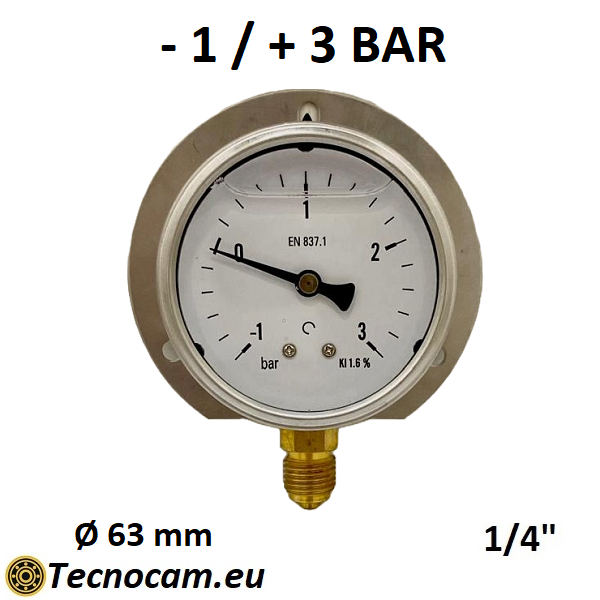 Vuotometro con GLICERINA Scala da -1 Bar a +3 Bar, con FLANGIA e Attacco Radiale Maschio Gas 1/4" serie VUOTRFCG