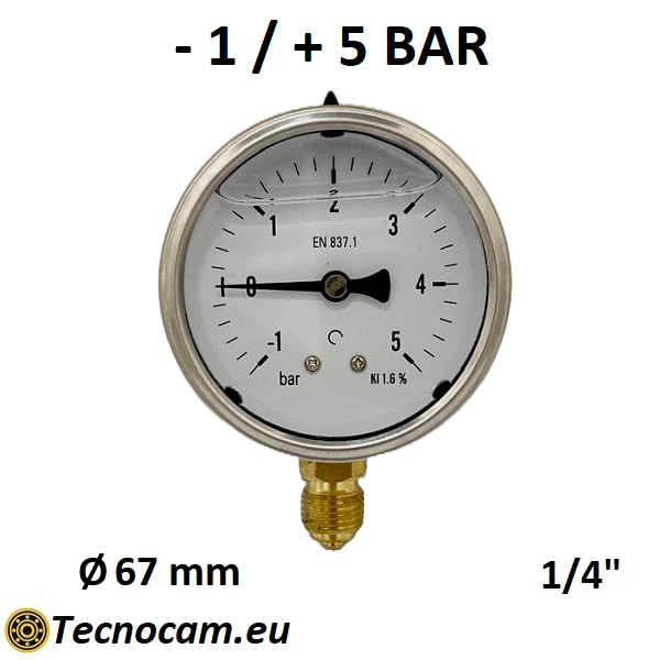 Vuotometro con GLICERINA Scala da -1 Bar a +5 Bar, Attacco Radiale Maschio Gas 1/4" serie VUOTRCG