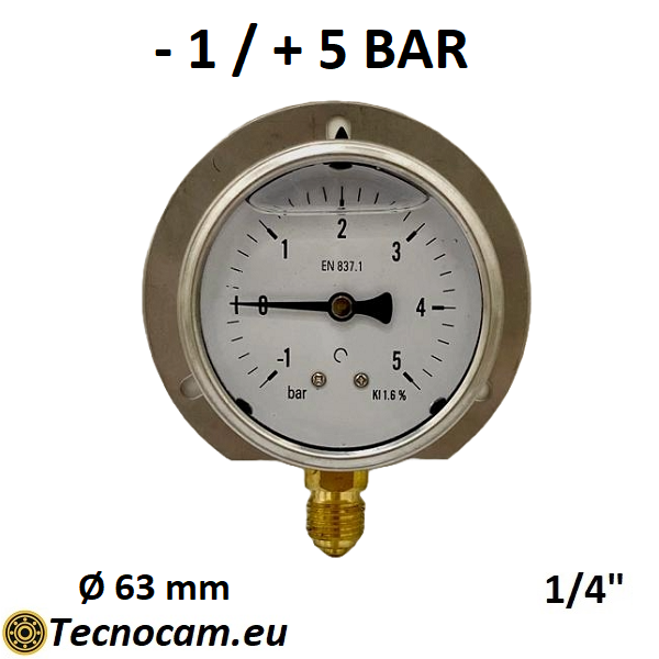 Vuotometro con GLICERINA Scala da -1 Bar a +5 Bar, con FLANGIA e Attacco Radiale Maschio Gas 1/4" serie VUOTRFCG