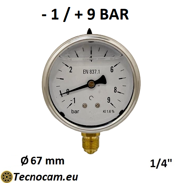 Vuotometro con GLICERINA Scala da -1 Bar a +9 Bar, Attacco Radiale Maschio Gas 1/4" serie VUOTRCG