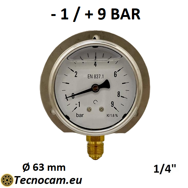 Vuotometro con GLICERINA Scala da -1 Bar a +9 Bar, con FLANGIA e Attacco Radiale Maschio Gas 1/4" serie VUOTRFCG