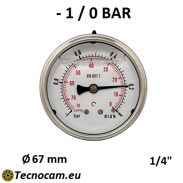Vuotometro con GLICERINA Scala da -1 Bar a 0 Bar, Attacco Posteriore Maschio Gas 1/4" serie VUOTPCG