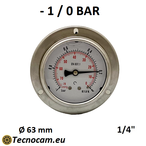 Manomètre à vide avec échelle à glycérine de -1 bar à 0 bar, avec bride et raccord arrière mâle pour gaz 1/4", série VUOTPFCG