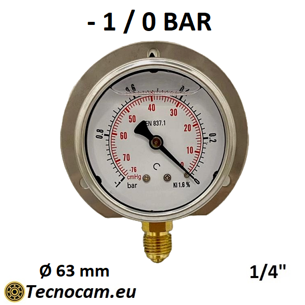 Vuotometro con GLICERINA Scala da -1 Bar a 0 Bar, con FLANGIA e Attacco Radiale Maschio Gas 1/4" serie VUOTRFCG