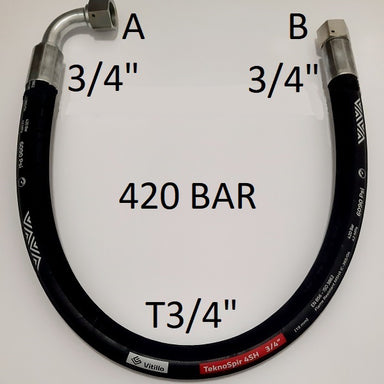 Tubo Oleodinamico ALTISSIMA PRESSIONE 3/4" 420 bar tenuta cono 60°, raccordo A) fil. GAS 3/4" FEM. - raccordo B) fil. GAS 3/4" FEM. 90° - Tecnocam Store