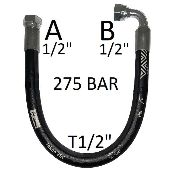 Tubo Oleodinamico Alta Pressione 1/2"  275 bar tenuta cono 60°, raccordo A) fil. GAS 1/2" FEM. - raccordo B) fil. GAS 1/2" FEM. 90°