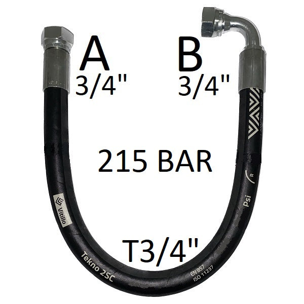 Tubo Oleodinamico Alta Pressione 3/4"  215 bar tenuta cono 60°, raccordo A) fil. GAS 3/4" FEM. - raccordo B) fil. GAS 3/4" FEM. 90°