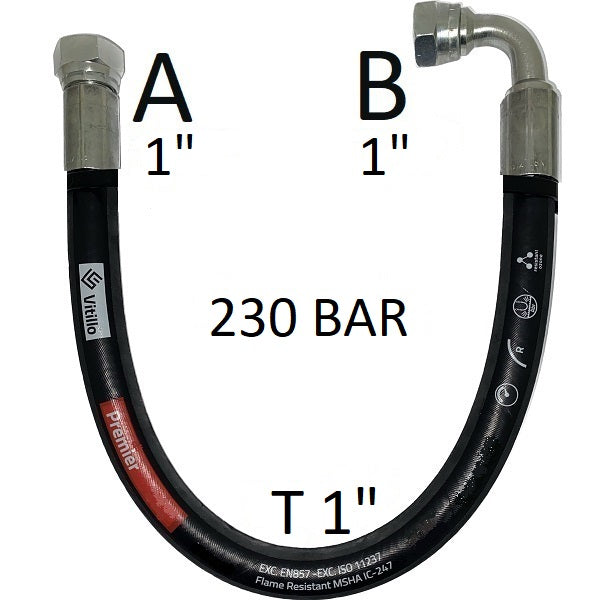Tubo Oleodinamico Alta Pressione 1" 230 bar tenuta cono 60°, raccordo A) fil. GAS 1" FEM. - raccordo B) fil. GAS 1" FEM. 90°