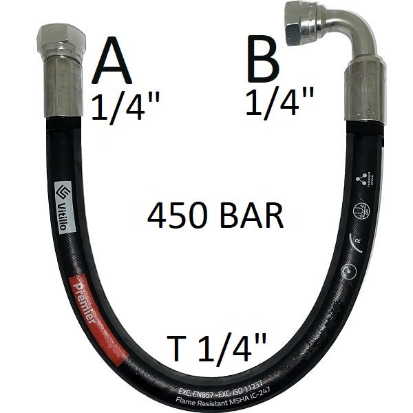 Tubo Oleodinamico Alta Pressione 1/4" 450 bar tenuta cono 60°, raccordo A) fil. GAS 1/4" FEM. - raccordo B) fil. GAS 1/4" FEM. 90°
