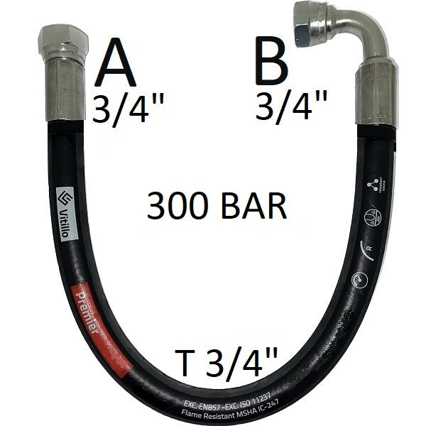 Tubo Oleodinamico Alta Pressione 3/4" 300 bar tenuta cono 60°, raccordo A) fil. GAS 3/4" FEM. - raccordo B) fil. GAS 3/4" FEM. 90°